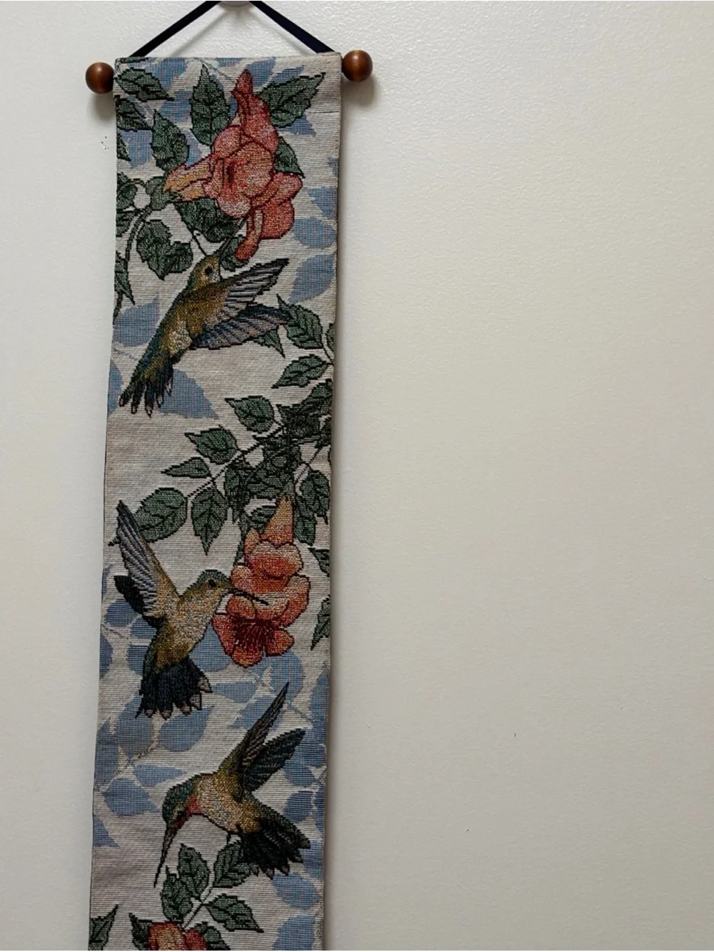 Hummingbird Floral Wall Hanging Tapestry in Blue and Coral
